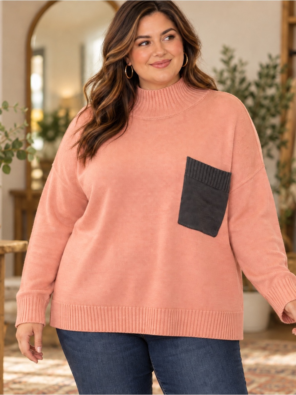 Cozy turtleneck color block pocket sweater relaxed fit